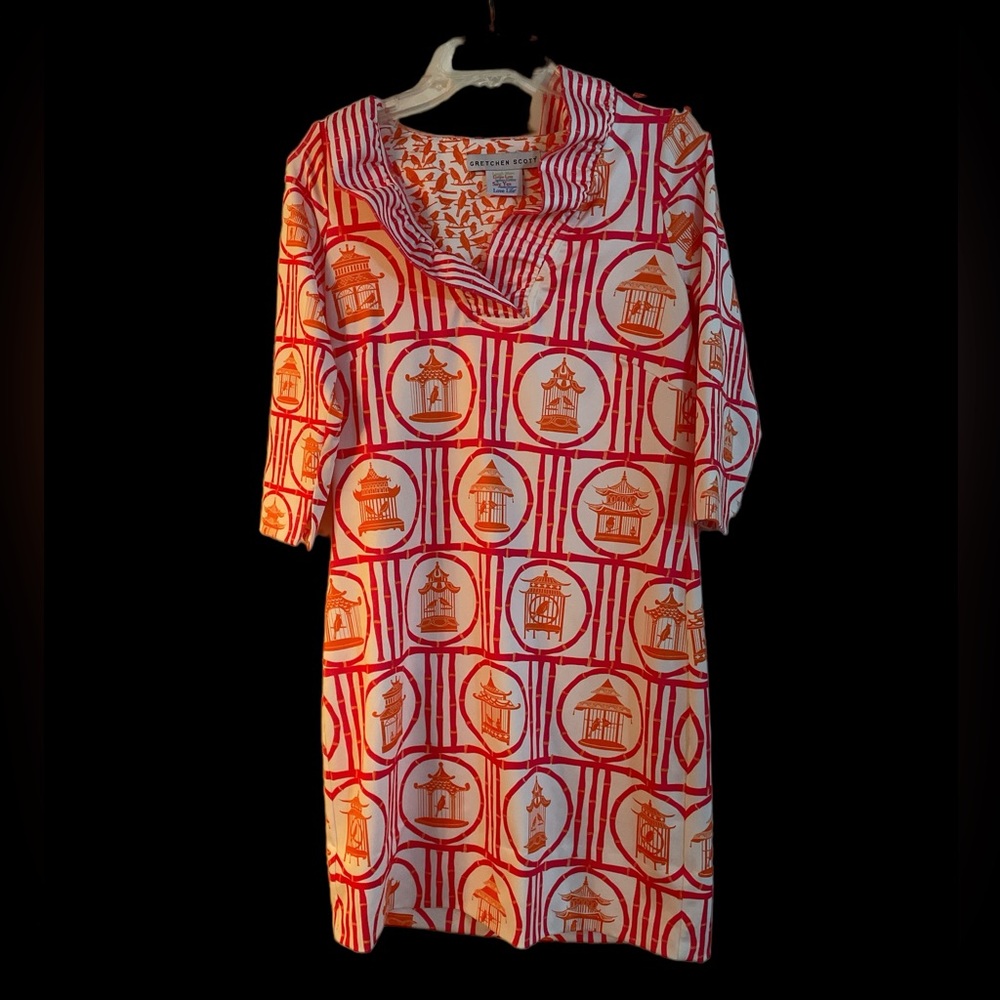 Gretchen Scott chinoiserie pagoda pink orange ruffle dress M grand millennial